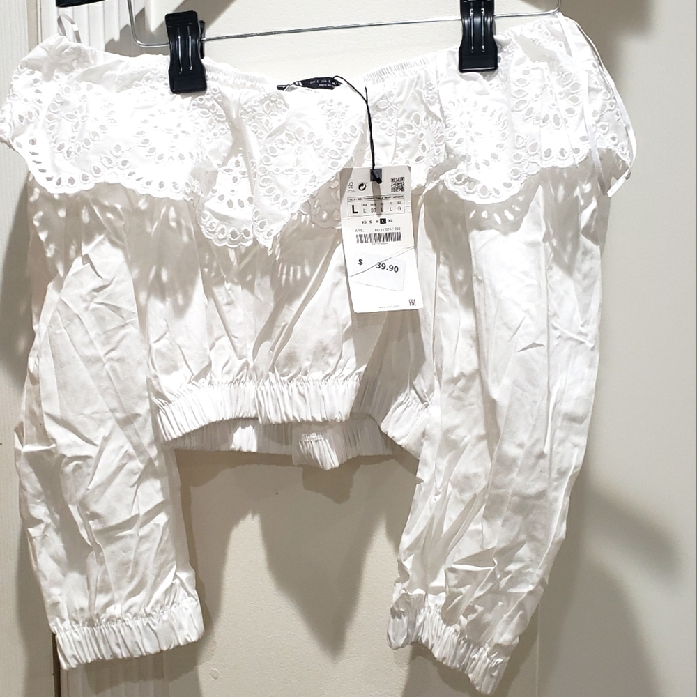 Zara Large White Off The Shoulder Long Sleeve Top